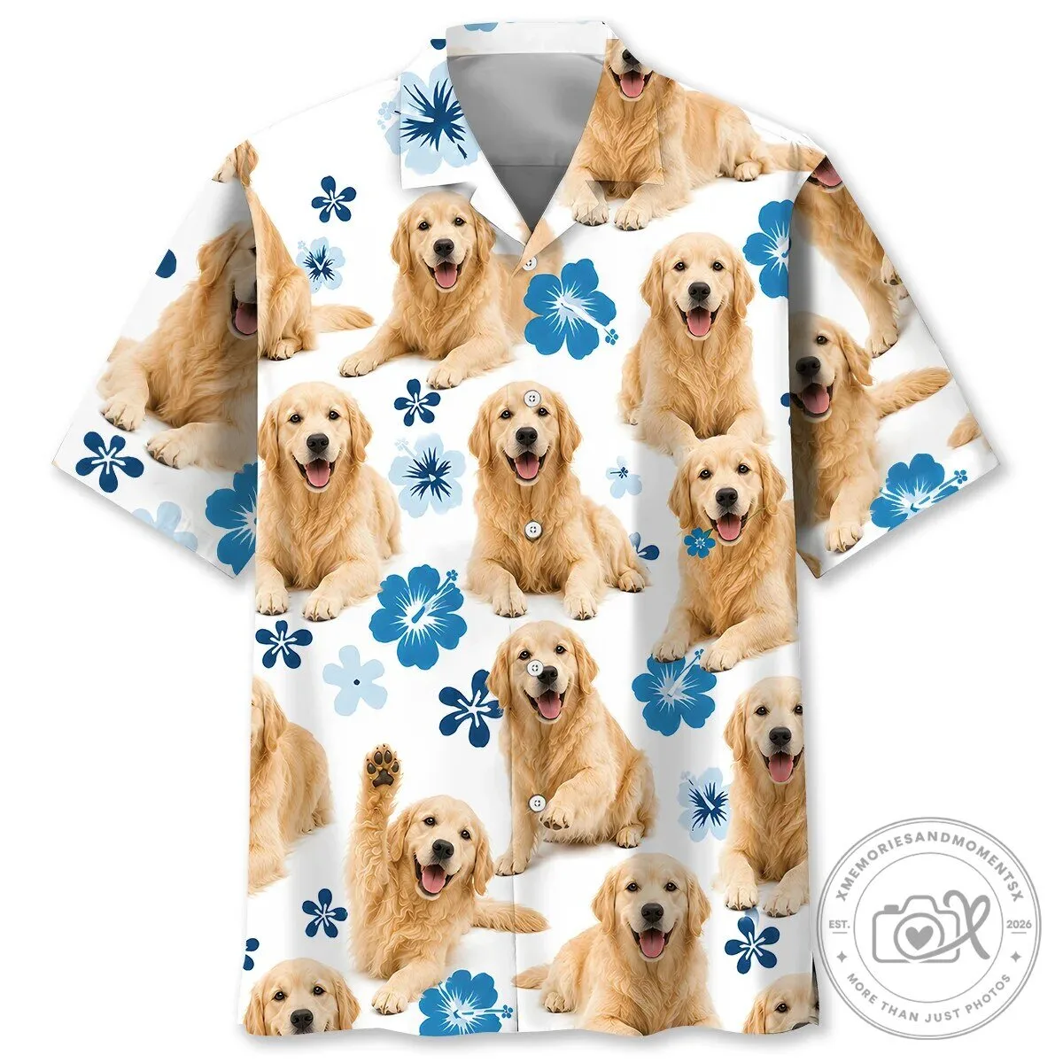Golden Retriever Dog Blue Hibiscus Floral Pattern Hawaiian Shirt
