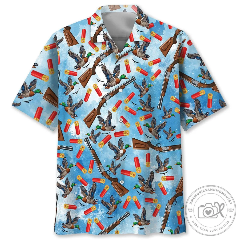 Mallard Duck Hunting Shotgun Shells Blue Sky Hawaiian Shirt Mallard Duck Hunting Shotgun Shells Blue Sky Hawaiian Shirt