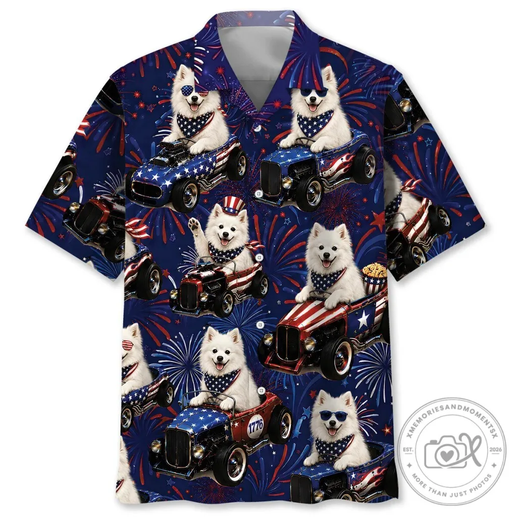 Fourth of July American Eskimo Dog Hot Rod Patriotic Hawaiian Shirt Fourth of July American Eskimo Dog Hot Rod Patriotic Hawaiian Shirt