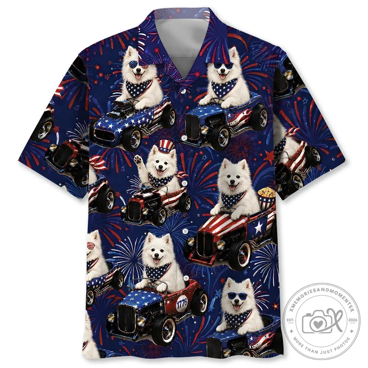 Fourth of July American Eskimo Dog Hot Rod Patriotic Hawaiian Shirt 2 Fourth of July American Eskimo Dog Hot Rod Patriotic Hawaiian Shirt