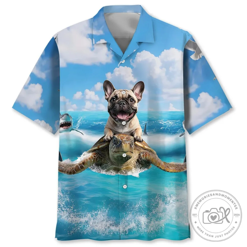 French Bulldog Riding Sea Turtle Ocean Adventure Hawaiian Shirt French Bulldog Riding Sea Turtle Ocean Adventure Hawaiian Shirt