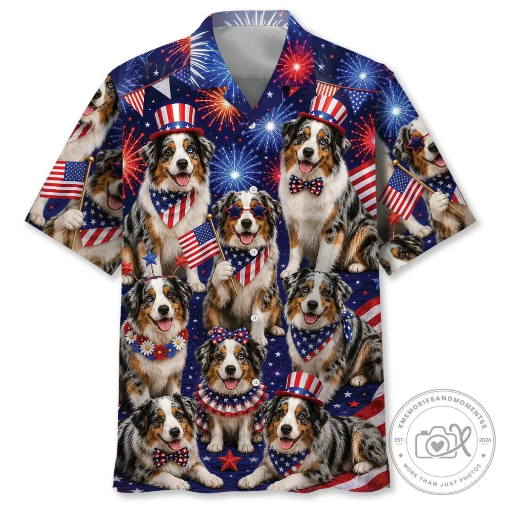 Patriotic Australian Shepherd Fourth of July Fireworks Hawaiian Shirt Patriotic Australian Shepherd Fourth of July Fireworks Hawaiian Shirt