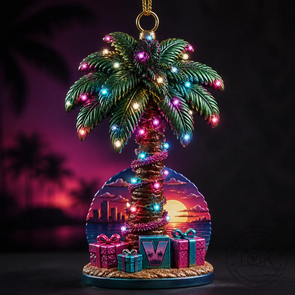 GTA 6 Christmas Ornament 3D Neon Palm Holiday Collectible for Gamers and Video Game Fans