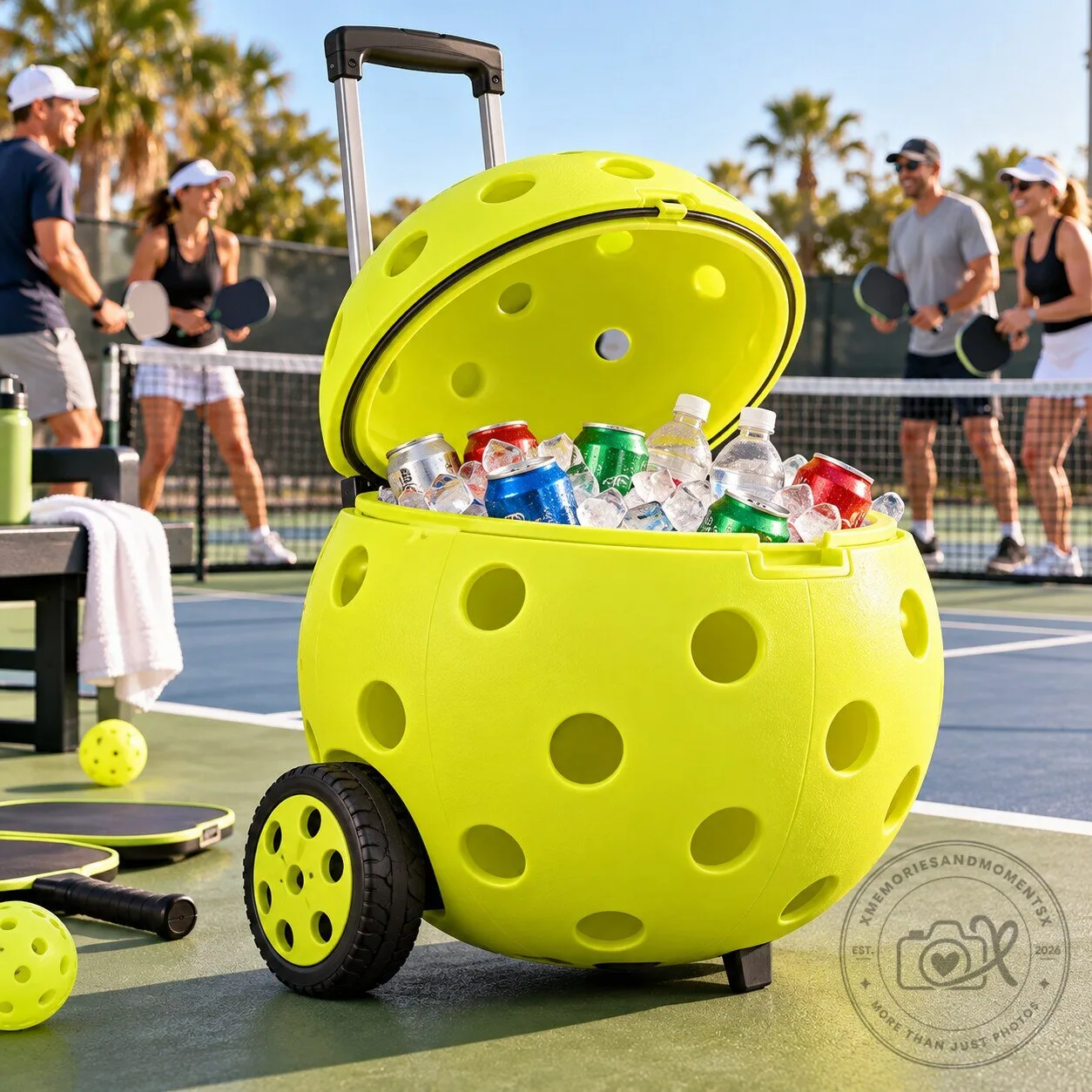 Pickleball Ball Shaped Rolling Cooler with Wheels and Pull Handle for Outdoor Sports