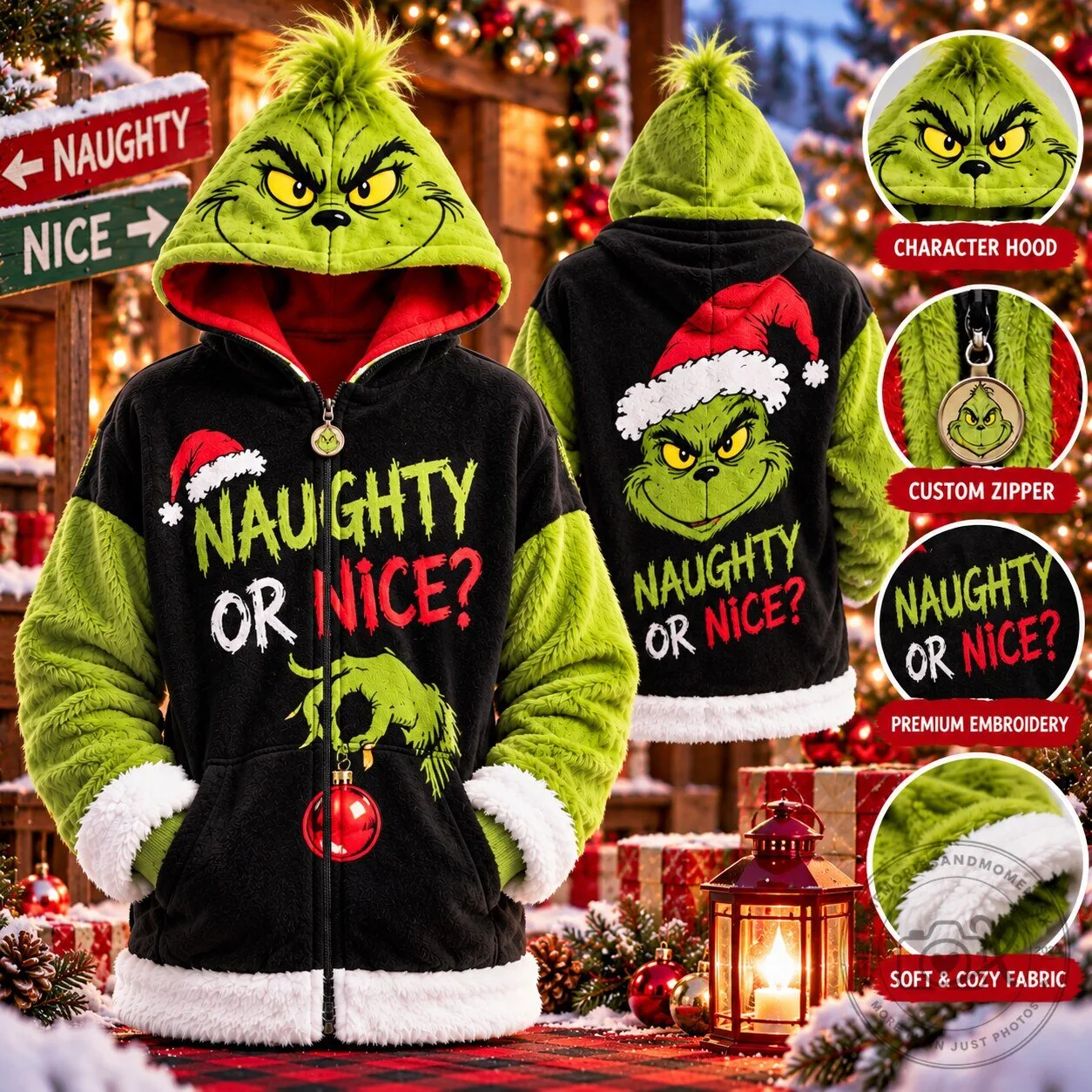 Grinch Naughty or Nice Christmas Hoodie Zip Up Holiday Jacket